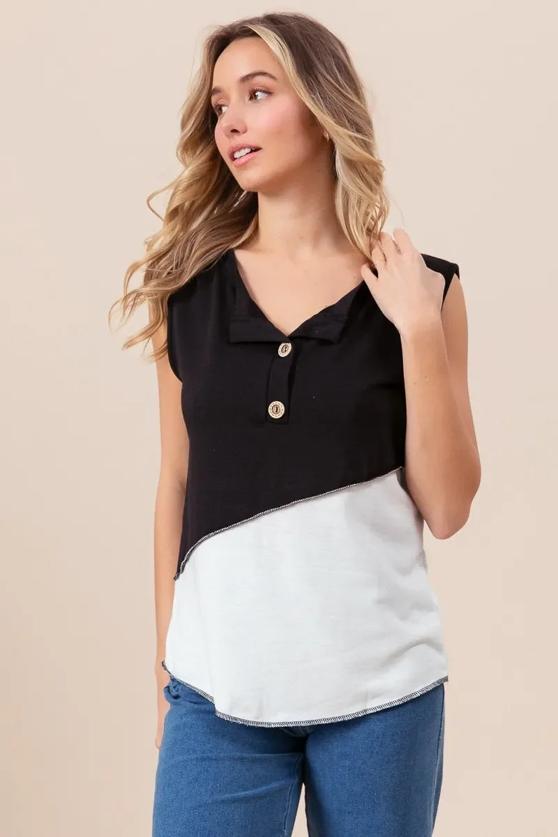 Block Design Buttoned Henley Top With Contrast Stitching - Southern Shores Clothing