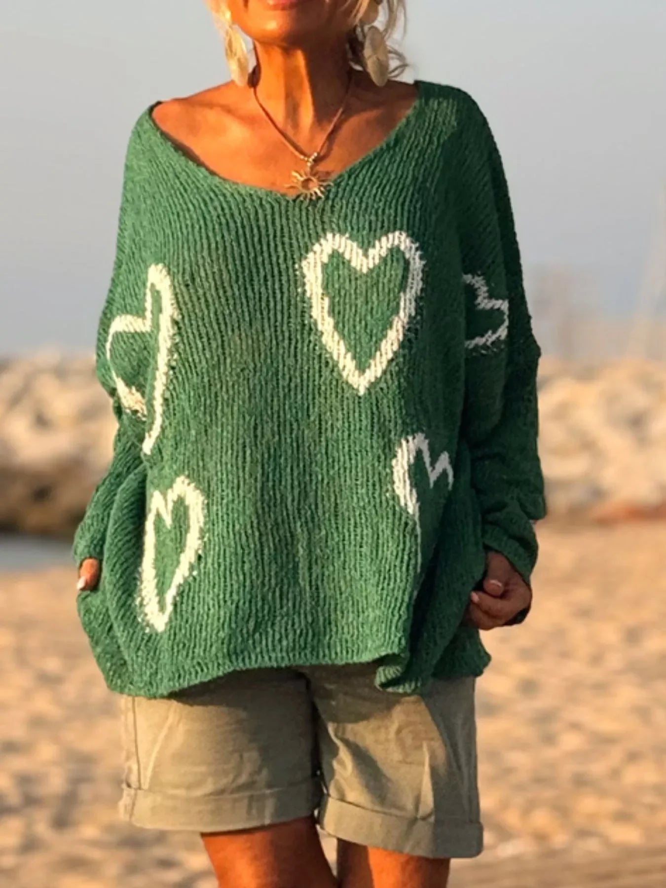 Heart V-Neck Dropped Shoulder Sweater | Southern Shores Clothing - Southern Shores Clothing