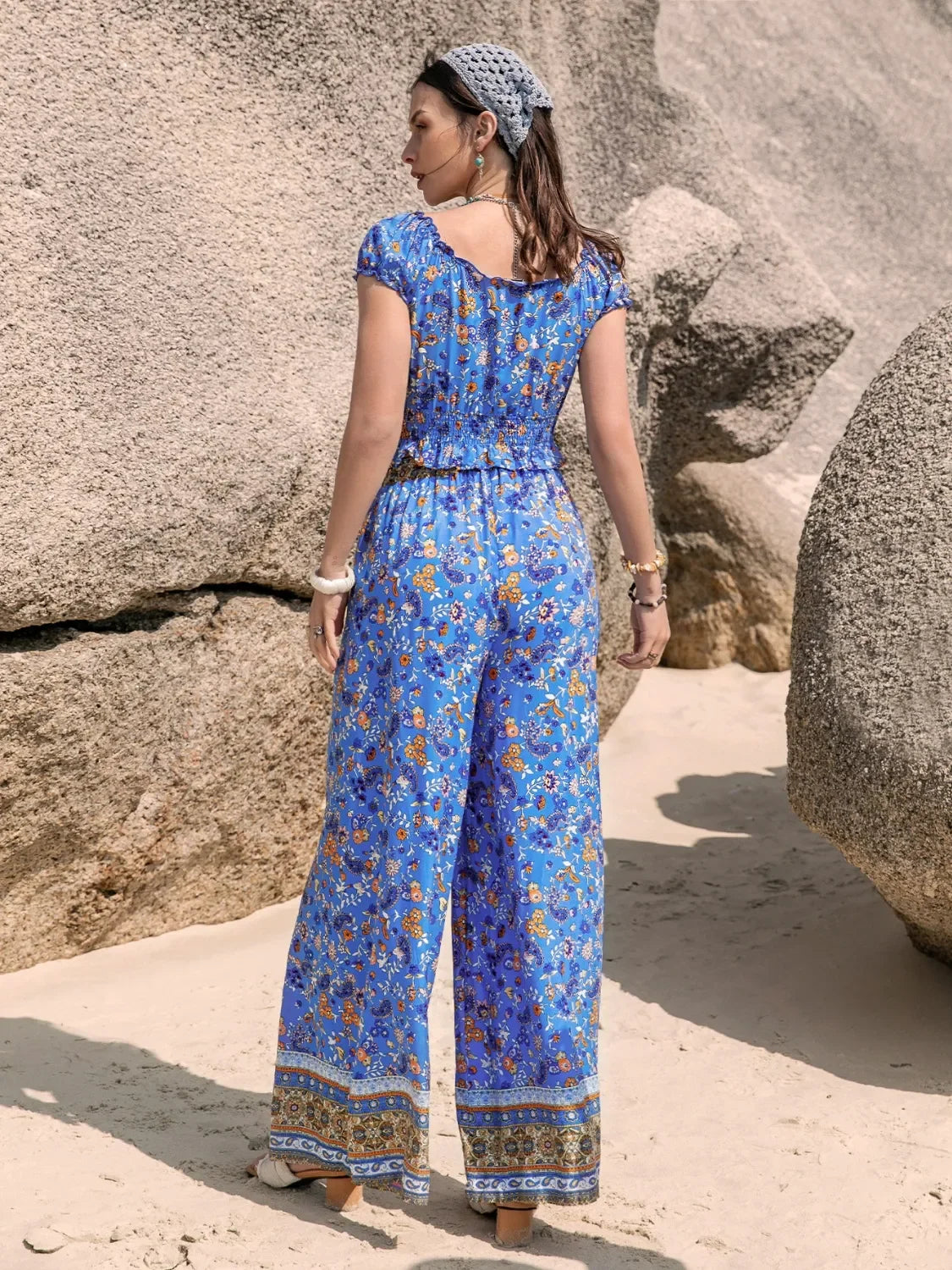 Printed V-Neck Top And Pants Set Floral Print And Ruffle Trim - Southern Shores Clothing