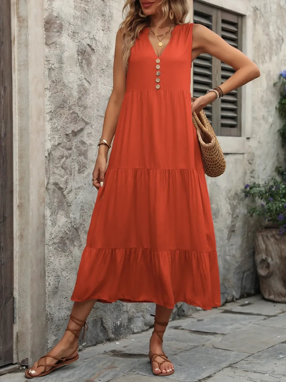 Notched Sleeveless Maxi Dress With Buttons - Southern Shores Clothing