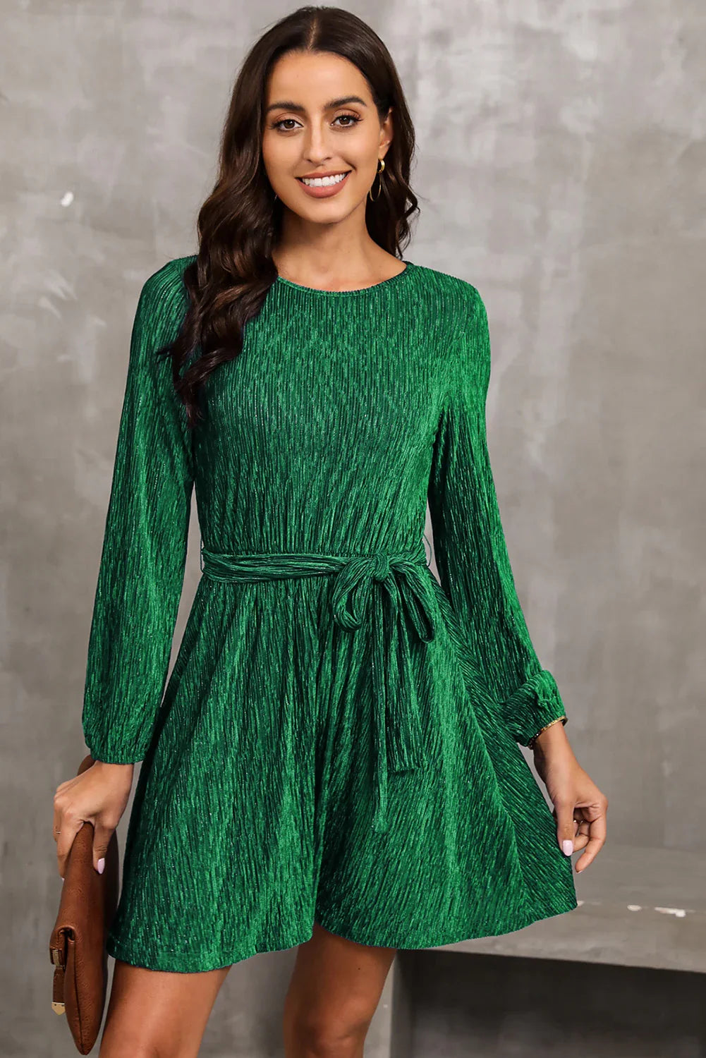 Casual Everyday Round Neck Tie Front Long Sleeve Dress - Southern Shores Clothing