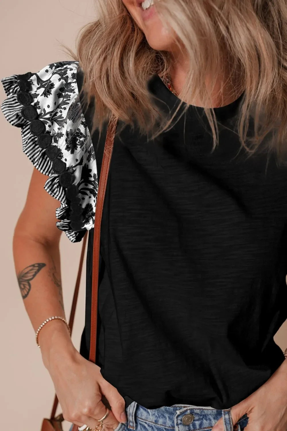Round Neck Printed Ruffled Sheer Cap Sleeve Blouse Lightweight - Southern Shores Clothing