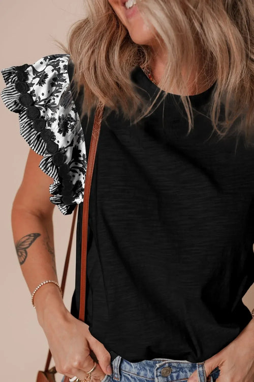 Round Neck Printed Ruffled Sheer Cap Sleeve Blouse Lightweight - Southern Shores Clothing