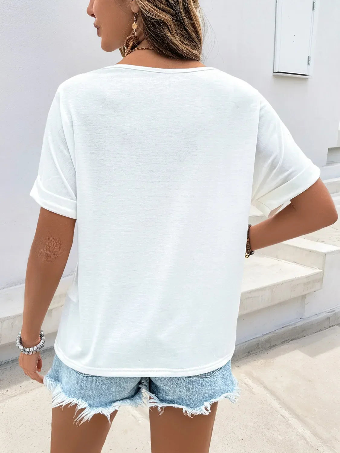 Contrast V Neck Short Sleeve Top With Embroidered Panels - Southern Shores Clothing
