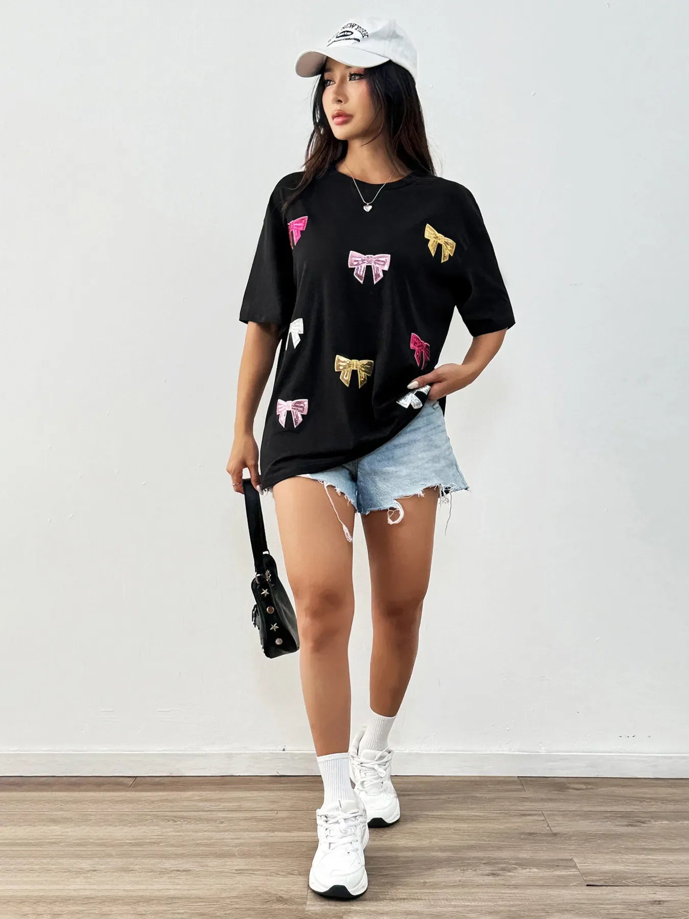 Sequin Bow Round Neck Short Sleeve Oversized Tee - Southern Shores Clothing