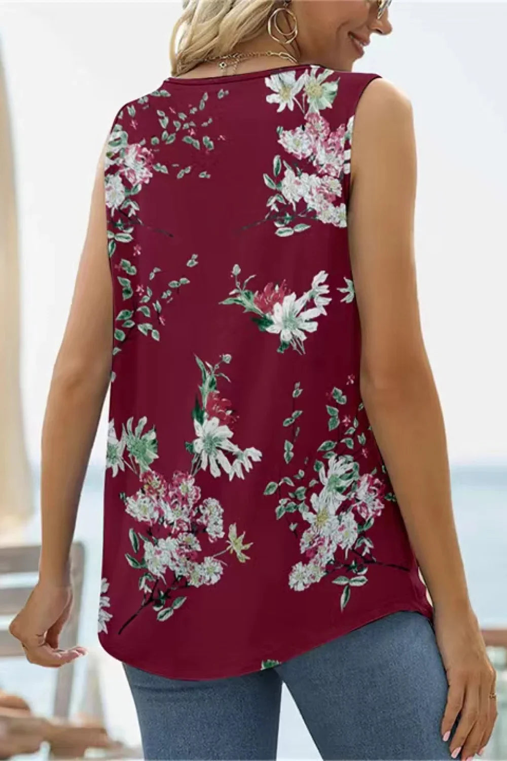 Printed Floral Square Neck Stretch Tank Top - Southern Shores Clothing