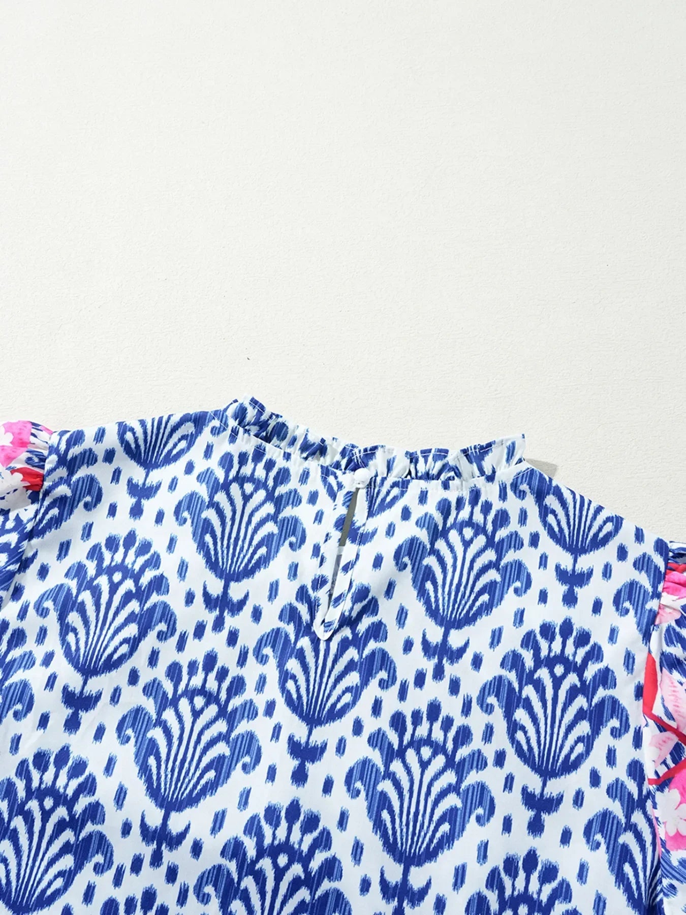 Printed Puff Sleeve Frilled Neck Blouse Top - Southern Shores Clothing