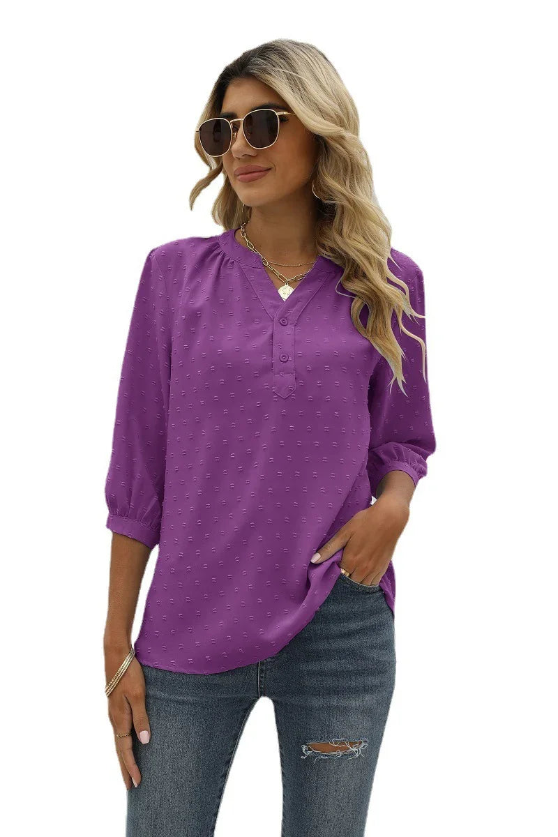 Swiss Dot Notched Neck Three-Quarter Sleeve Blouse - Southern Shores Clothing