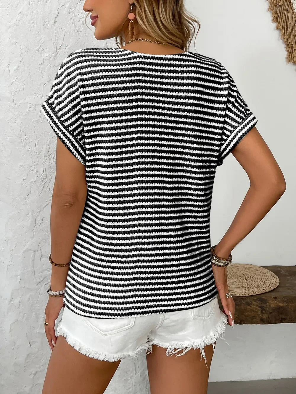 Striped V Neck Short Sleeve Buttoned Stretch T Shirt - Southern Shores Clothing
