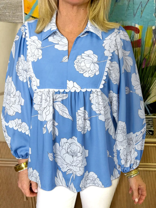Southern Shores Clothing Floral Print Buttoned Relaxed Babydoll Blouse In 100 Percent Polyester - Southern Shores Clothing