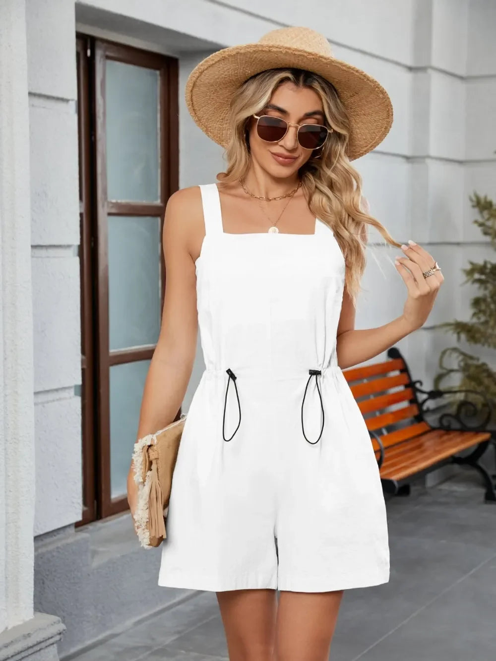 Drawstring Wide Strap Romper With Pockets - Southern Shores Clothing