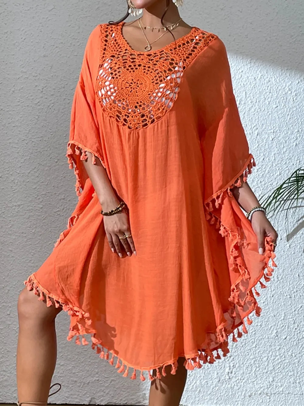 Tassel Cutout Scoop Neck Cover Up Dress One Size - Southern Shores Clothing