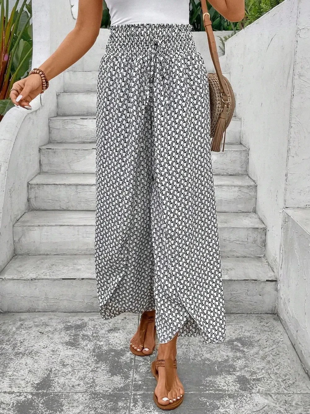 Floral Print Tie-Waist Wide Leg Pants With Front Slit Detail - Southern Shores Clothing