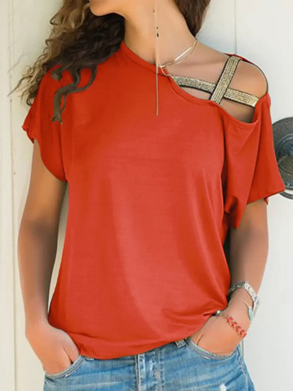 Asymmetrical Neck Short Sleeve T-Shirt - Southern Shores Clothing