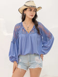 Viscose Lace Detail Tie Neck Balloon Sleeve Blouse - Southern Shores Clothing
