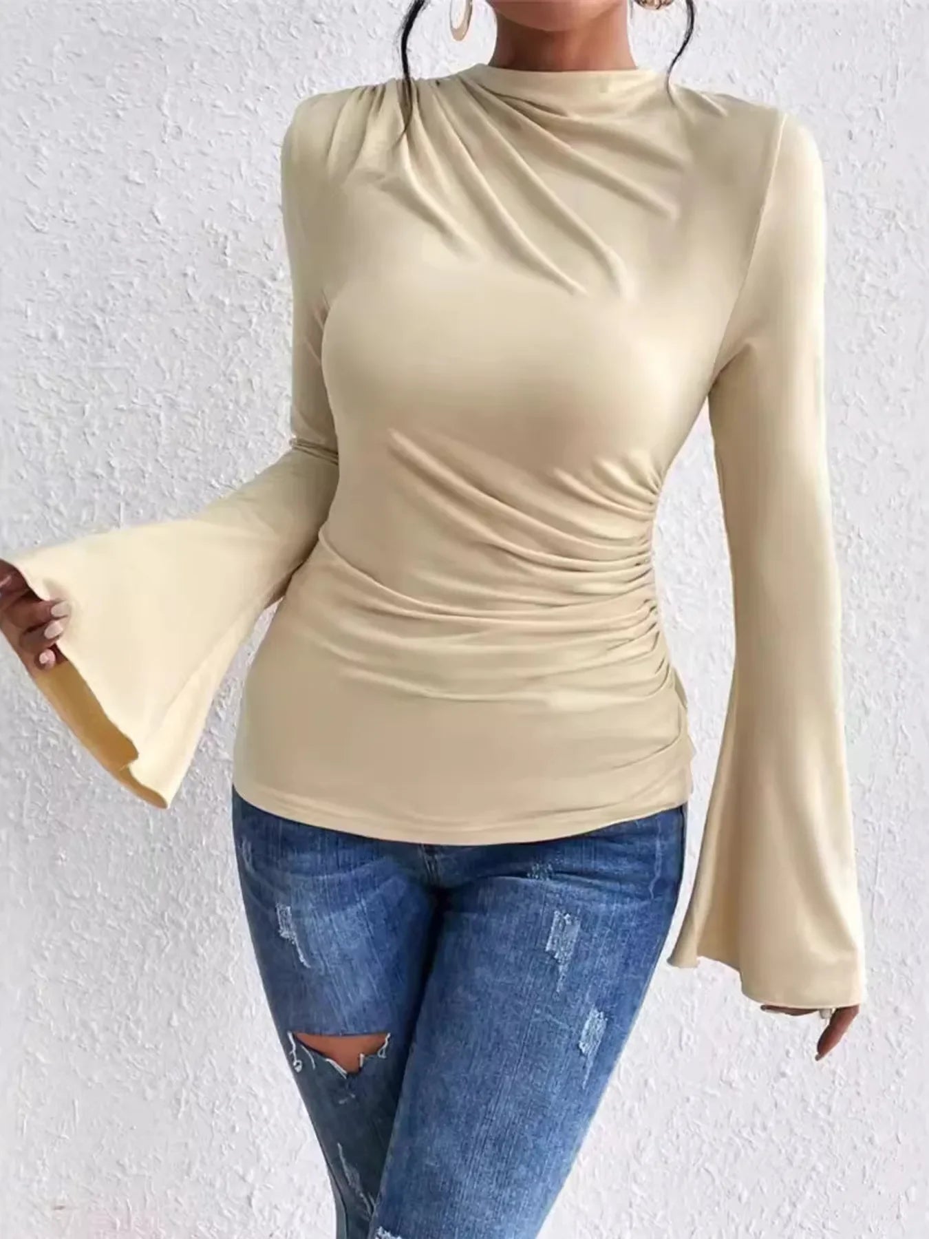 Bell Sleeve Ruched Fitted T-Shirt with Mock Neck - Southern Shores Clothing
