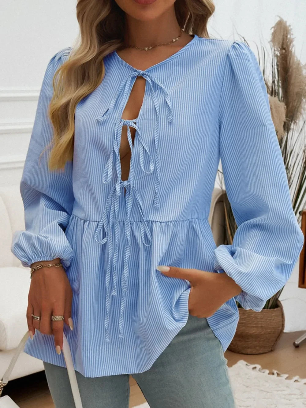 Tied Striped Long Sleeve Blouse For Everyday Wear - Southern Shores Clothing