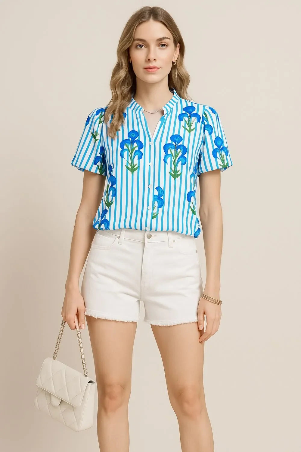 Striped Floral Notched Neck Puff Sleeve Blouse - Southern Shores Clothing