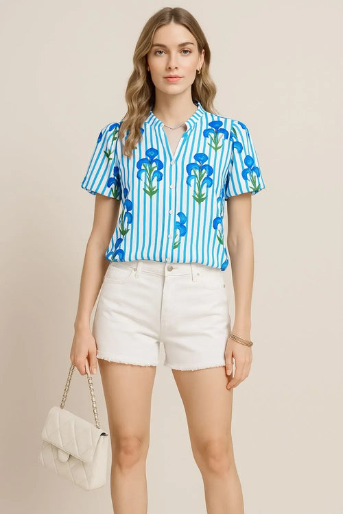 Striped Floral Notched Neck Puff Sleeve Blouse - Southern Shores Clothing