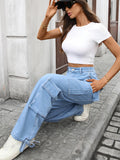 Coastal Wide Leg Cargo Jeans With Pockets And Stretch Denim - Southern Shores Clothing