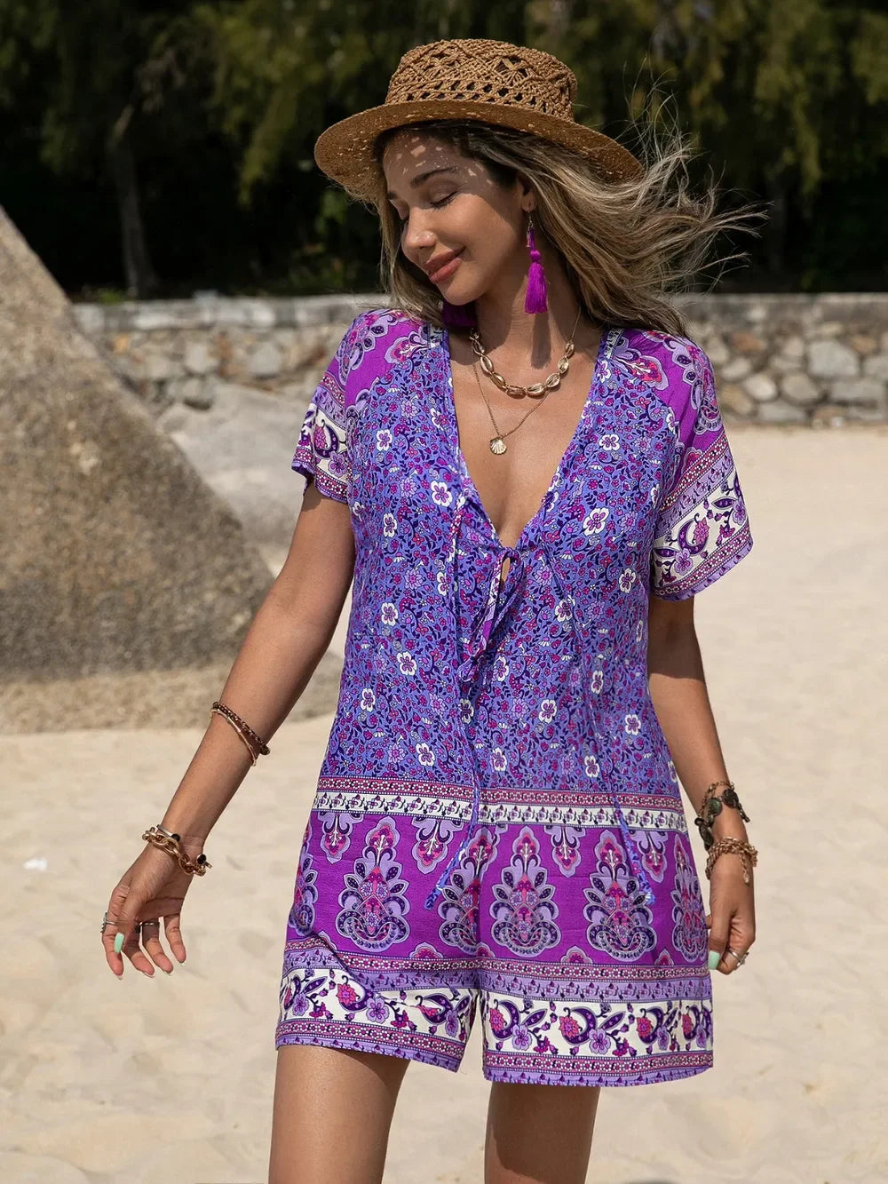 Tied Printed Short Sleeve Romper Viscose - Southern Shores Clothing