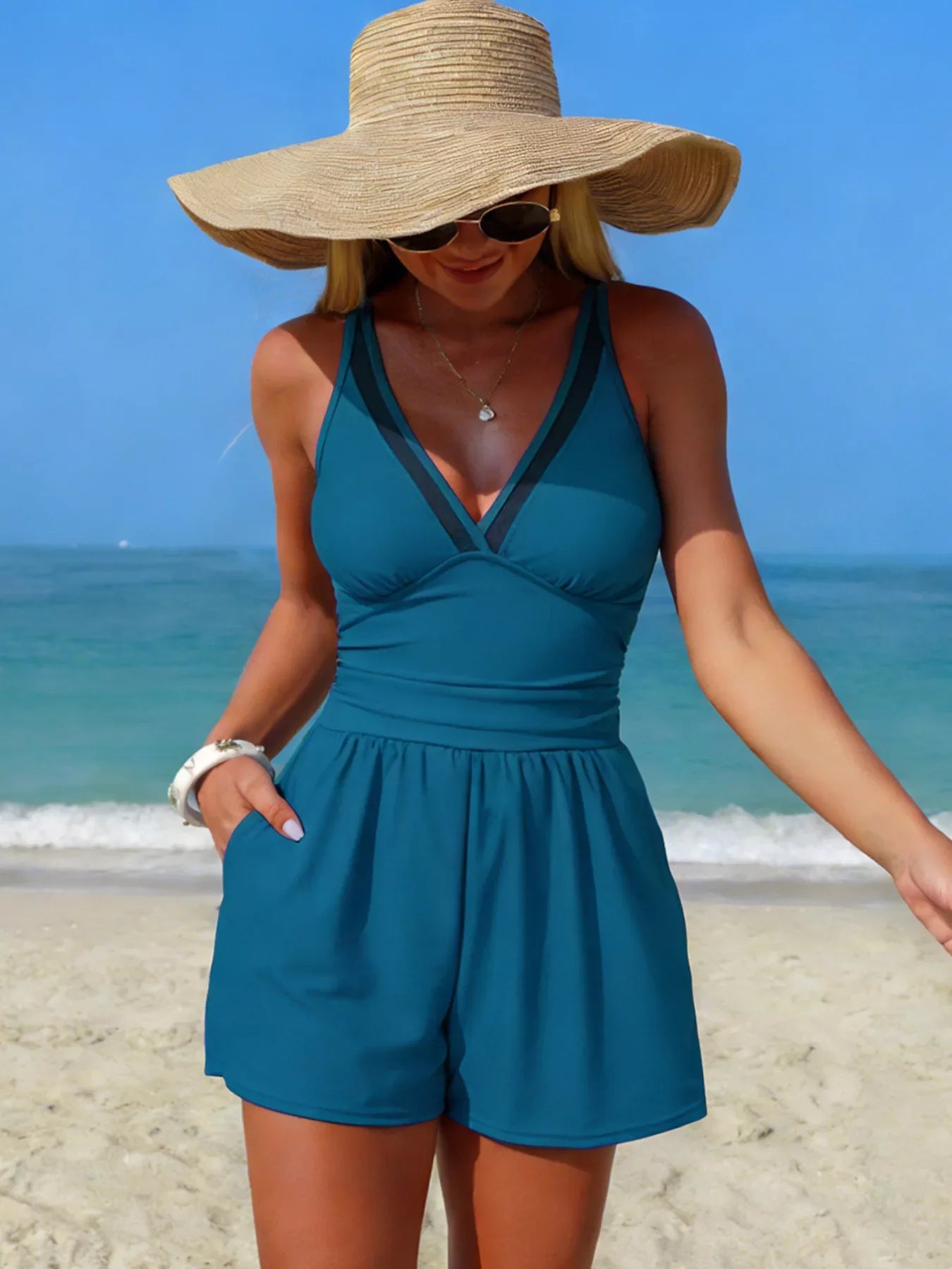 V-Neck One-Piece Swimsuit With Pockets - Southern Shores Clothing