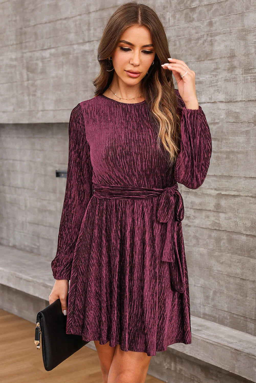 Casual Everyday Round Neck Tie Front Long Sleeve Dress - Southern Shores Clothing