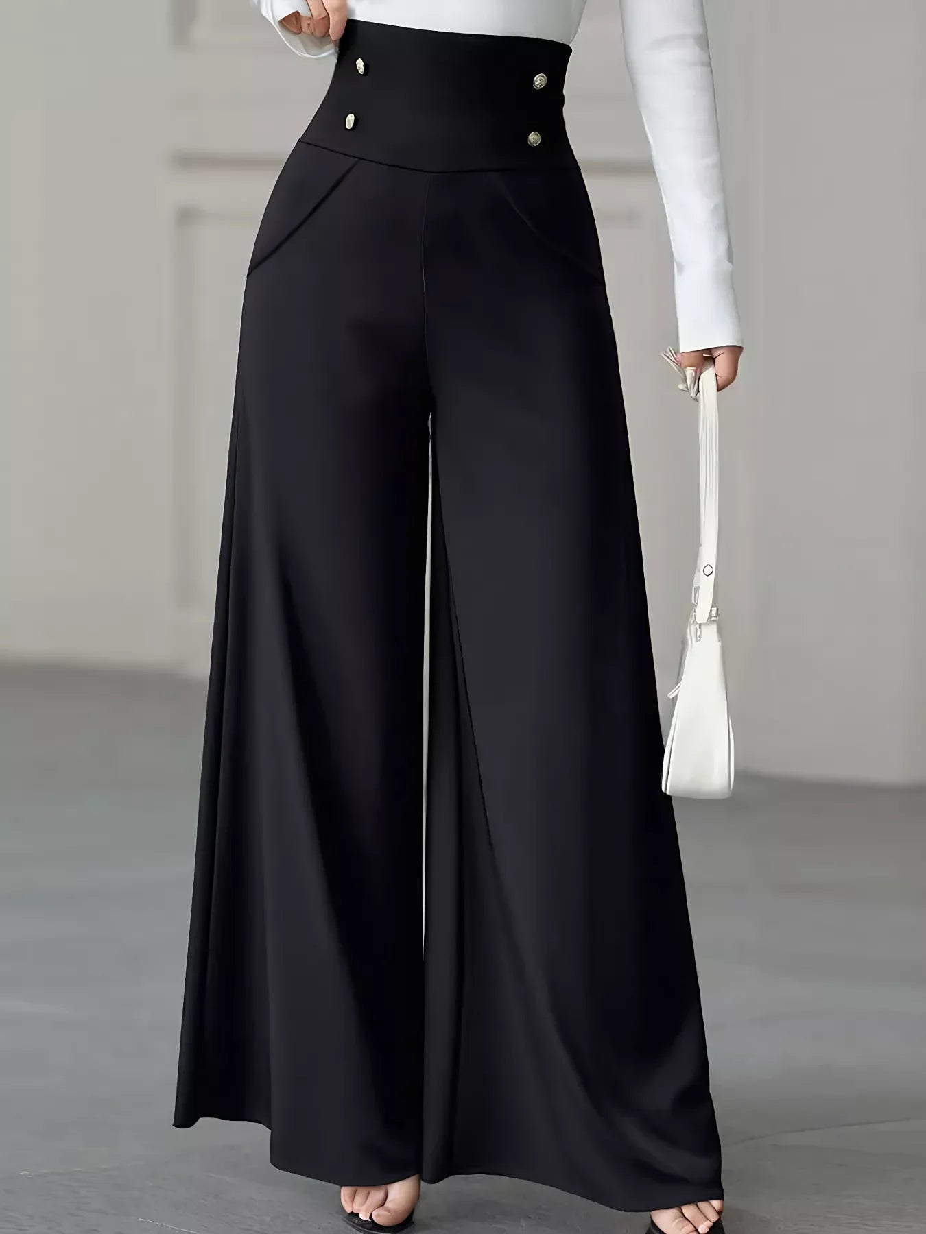 High Waist Wide Leg Button Decor Pants Everyday Wear - Southern Shores Clothing