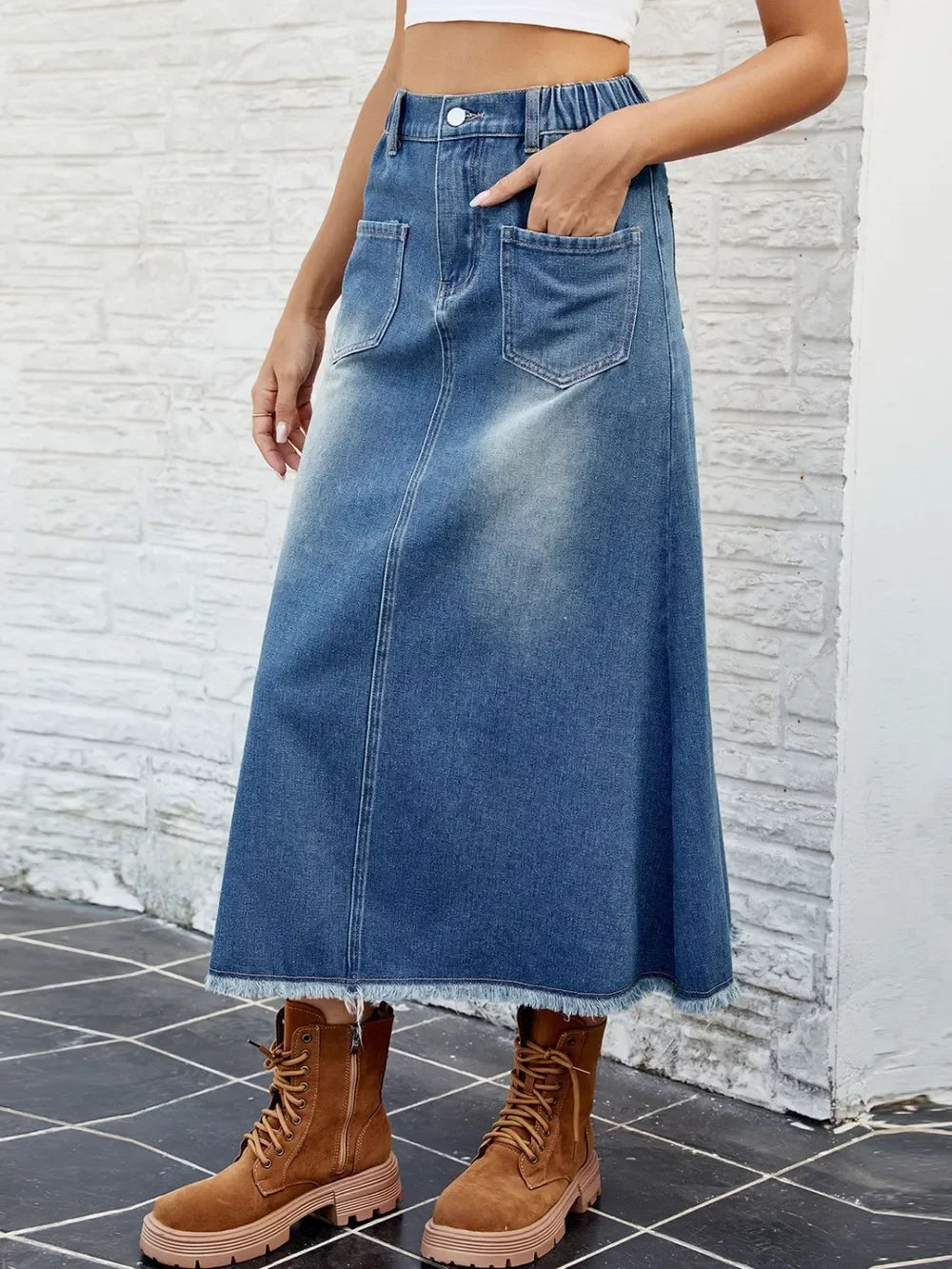 Raw Hem Denim Buttoned Skirt With Pockets - Southern Shores Clothing