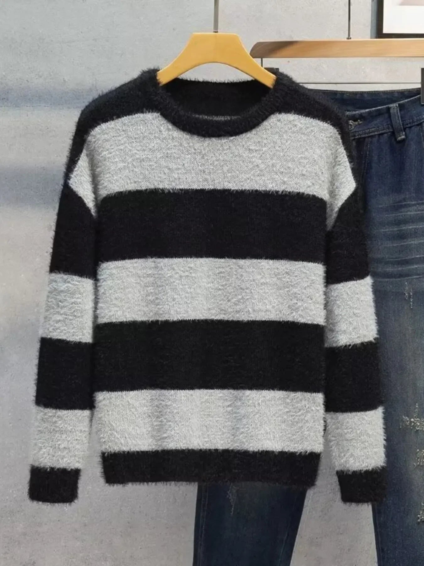 Plus Size Striped Fuzzy Knit Pullover Sweater - Southern Shores Clothing