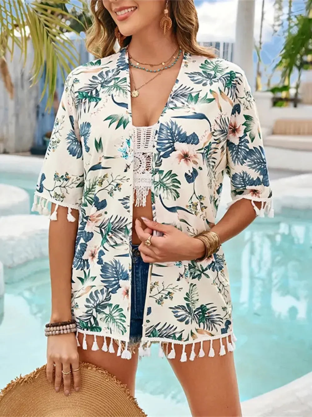 Tassel Printed Open Front Half Sleeve Cover Up - Southern Shores Clothing