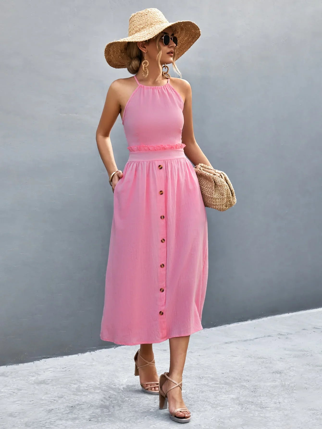 Buttoned Halter Neck Frill Trim Midi Dress - Southern Shores Clothing