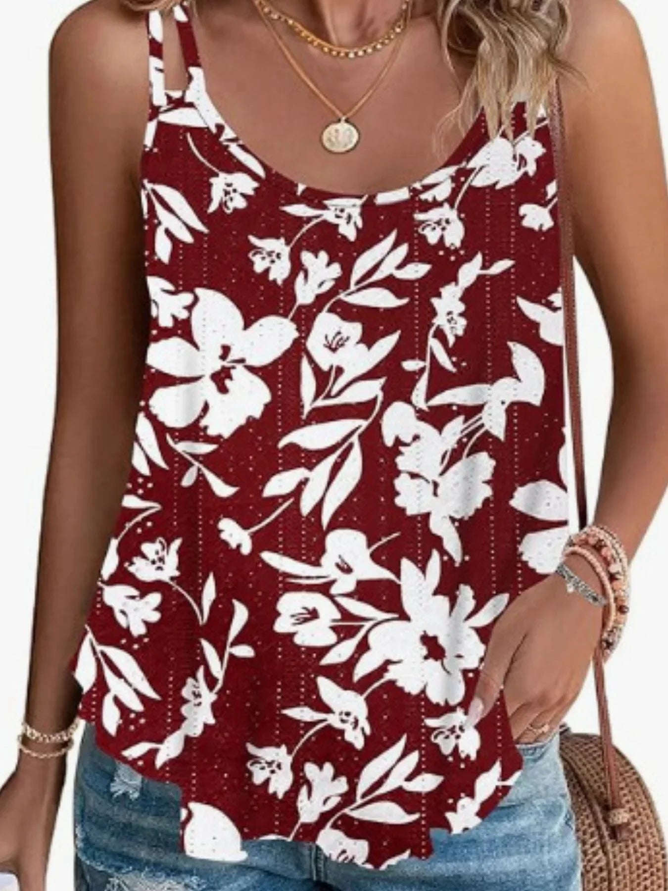 Eyelet Double Strap Cami Top With Floral Print Rayon Blend - Southern Shores Clothing