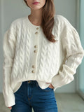 Cable-Knit Round-Neck Long Sleeve Cardigan Buttoned - Southern Shores Clothing