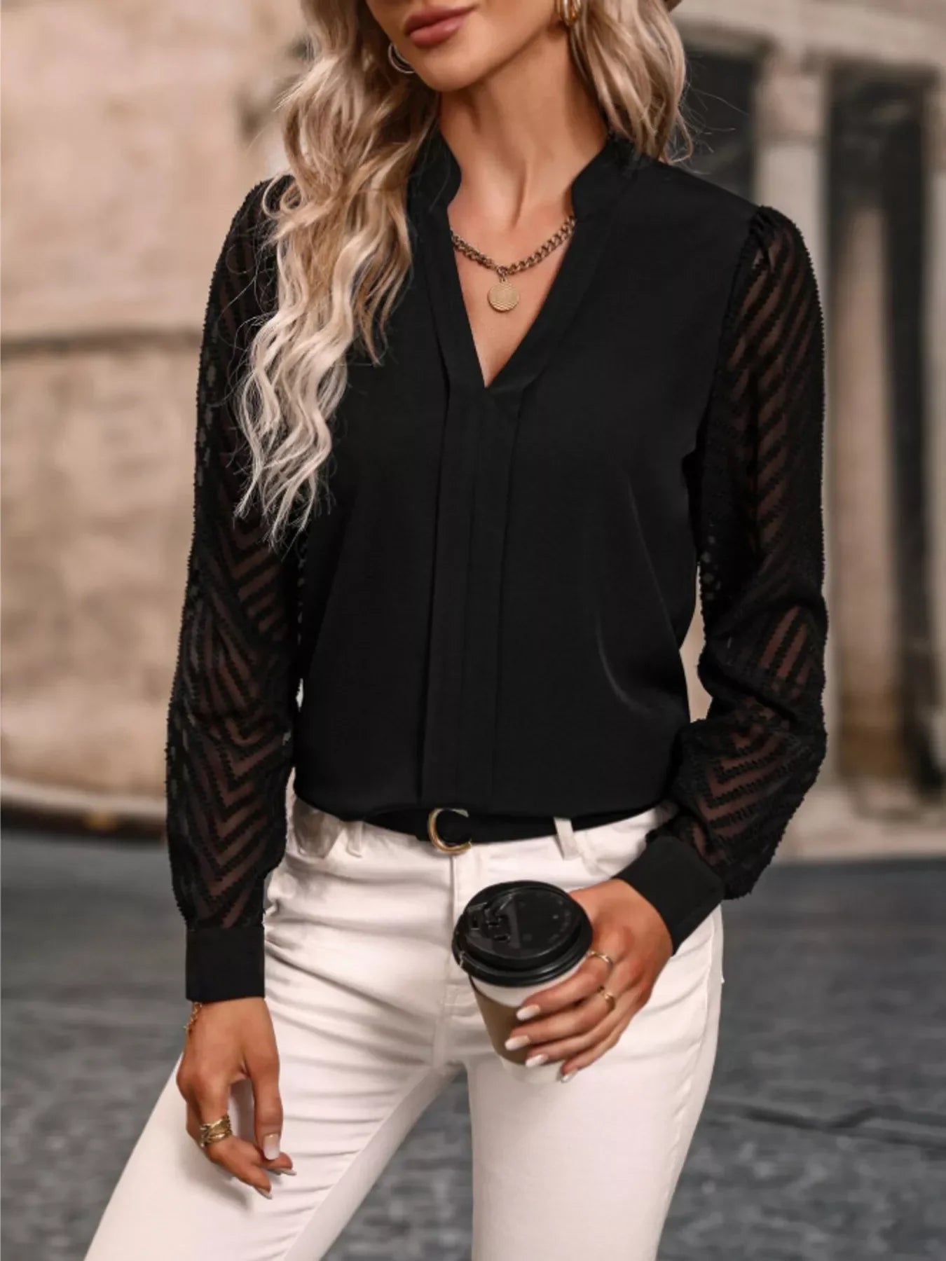 Southern Shores Clothing Notched Long Sleeve Blouse In 95 Percent Polyester And 5 Percent Spandex - Southern Shores Clothing