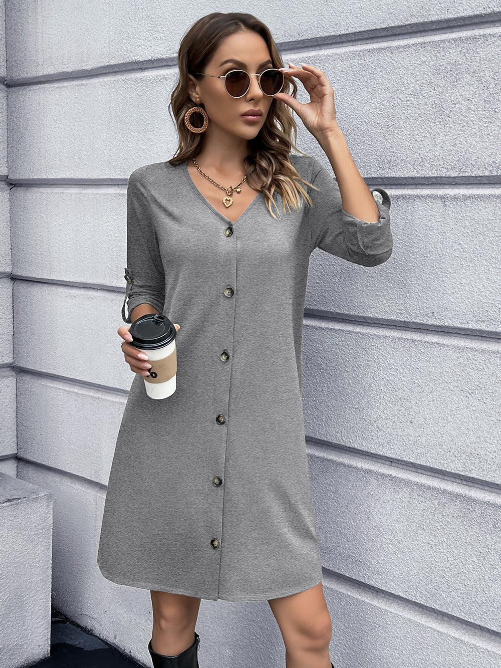 Casual Button Down V Neck Mini Dress Solid - Southern Shores Clothing