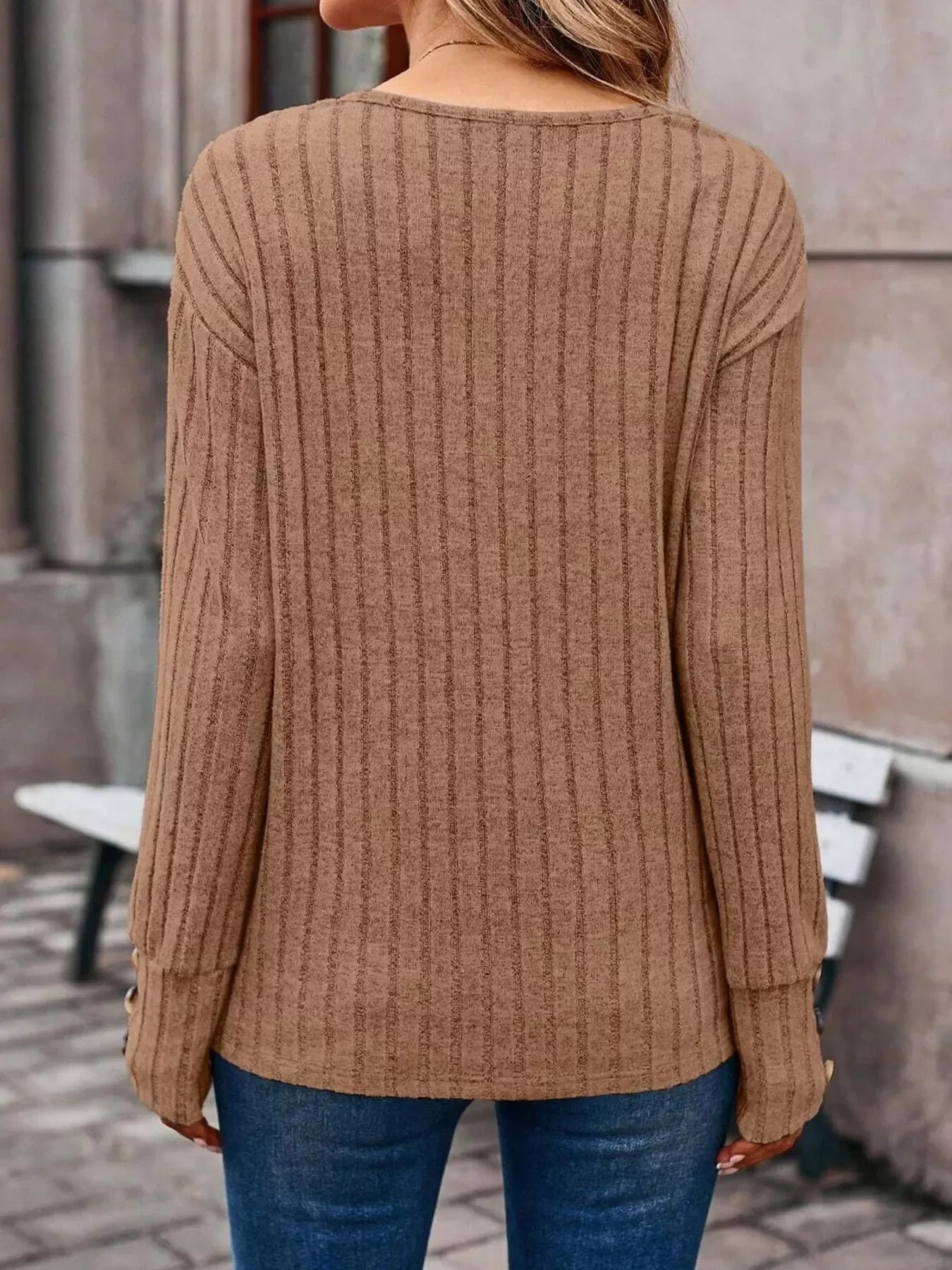 Ribbed V-Neck Long Sleeve Buttoned Stretchy Top - Southern Shores Clothing