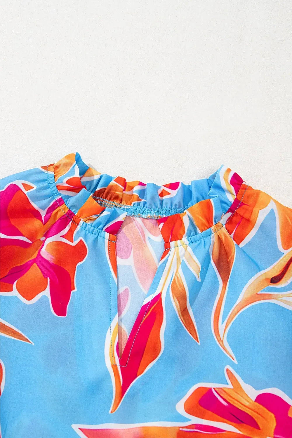 Floral Print Notched Pompom Trim Flutter Sleeves Blouse - Southern Shores Clothing