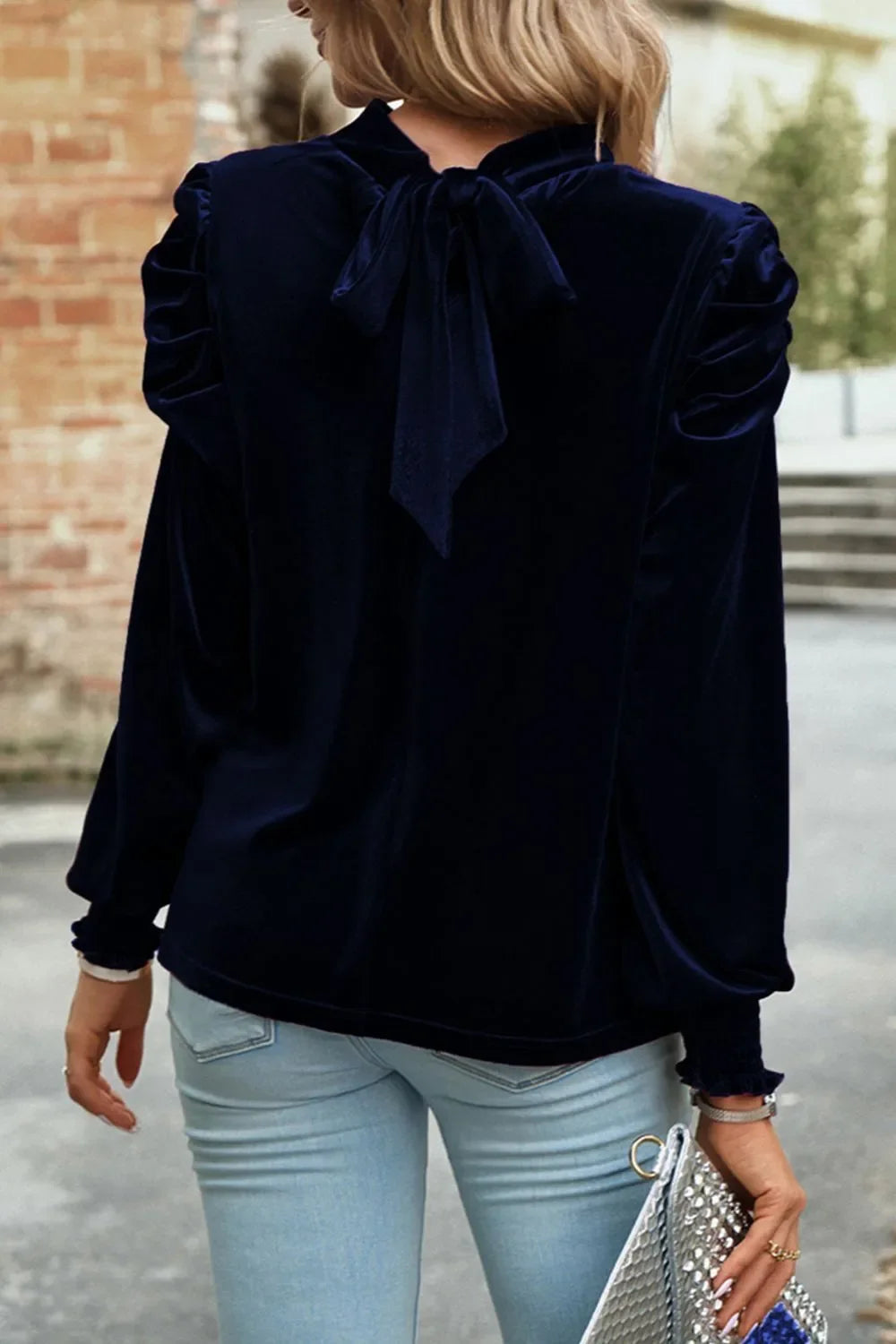 Southern Shores Clothing Long Sleeve Tie Up Mock Neck Velvet Fabric Blouse Design For Everyday Wear - Southern Shores Clothing
