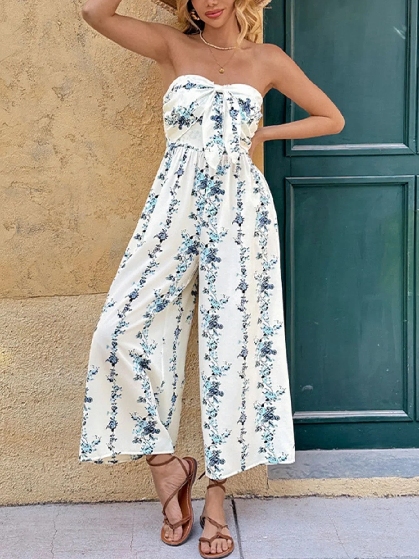 Smocked Tie Front Strapless Wide Leg Jumpsuit - Southern Shores Clothing