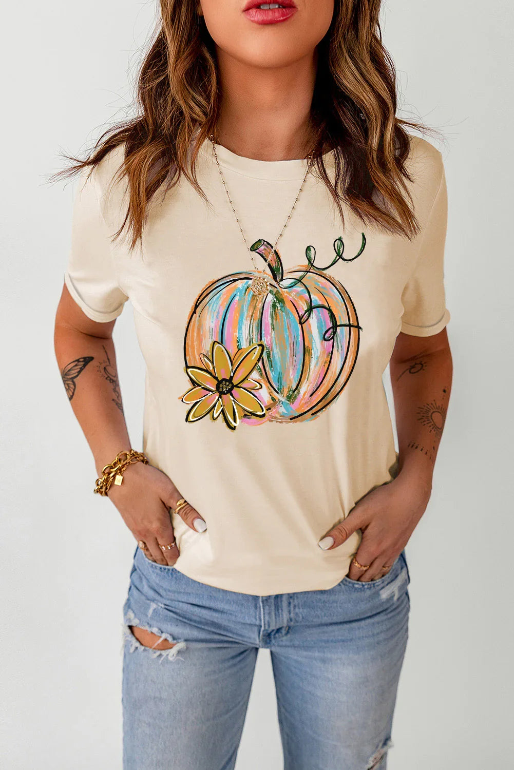 Pumpkin Graphic Round Neck Tee For Casual Fall Wear - Southern Shores Clothing