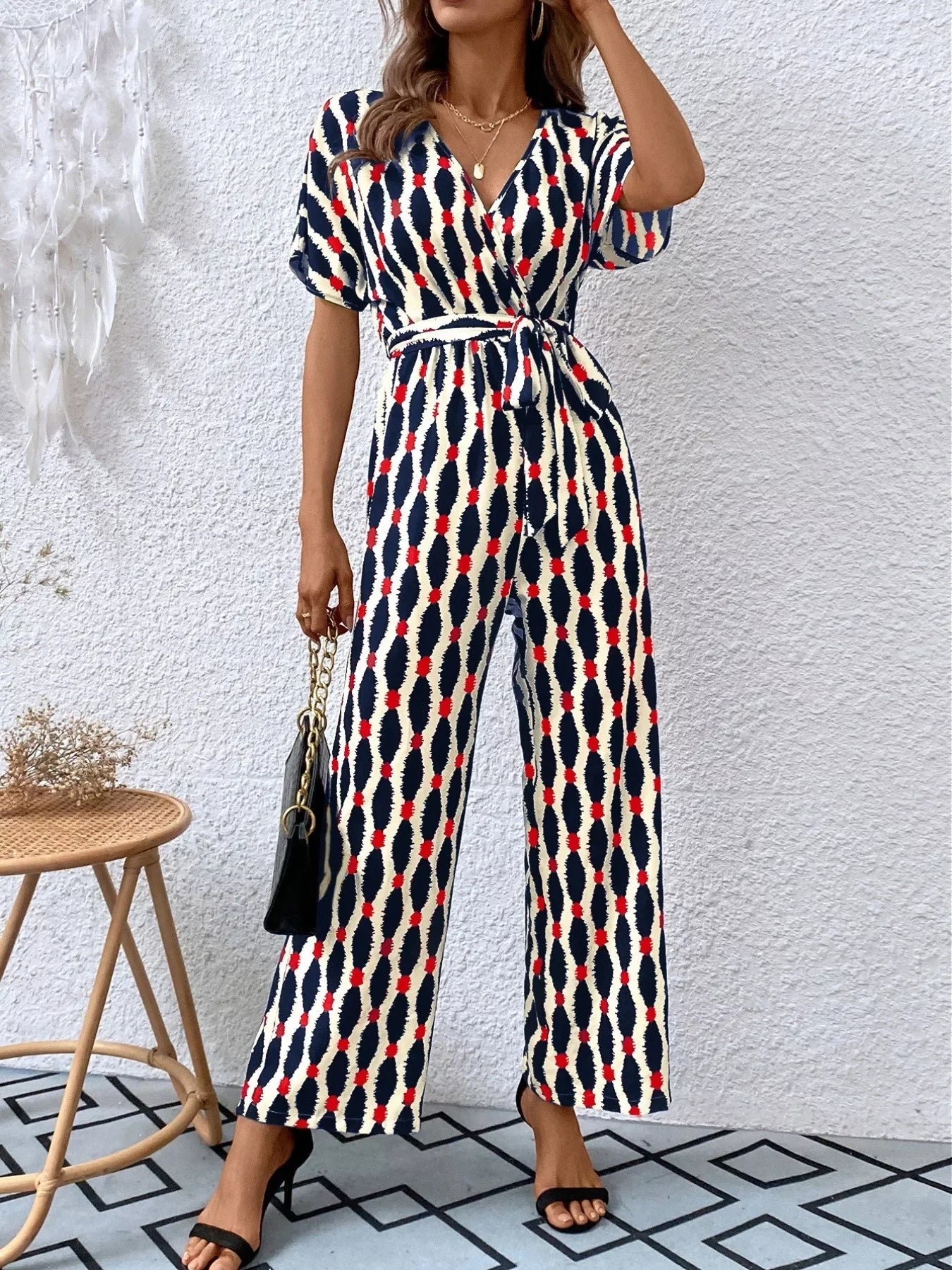 Printed Surplice Tie Waist Short Sleeve Jumpsuit - Southern Shores Clothing