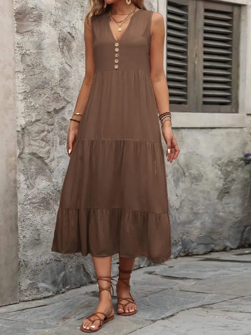 Notched Sleeveless Maxi Dress With Buttons - Southern Shores Clothing