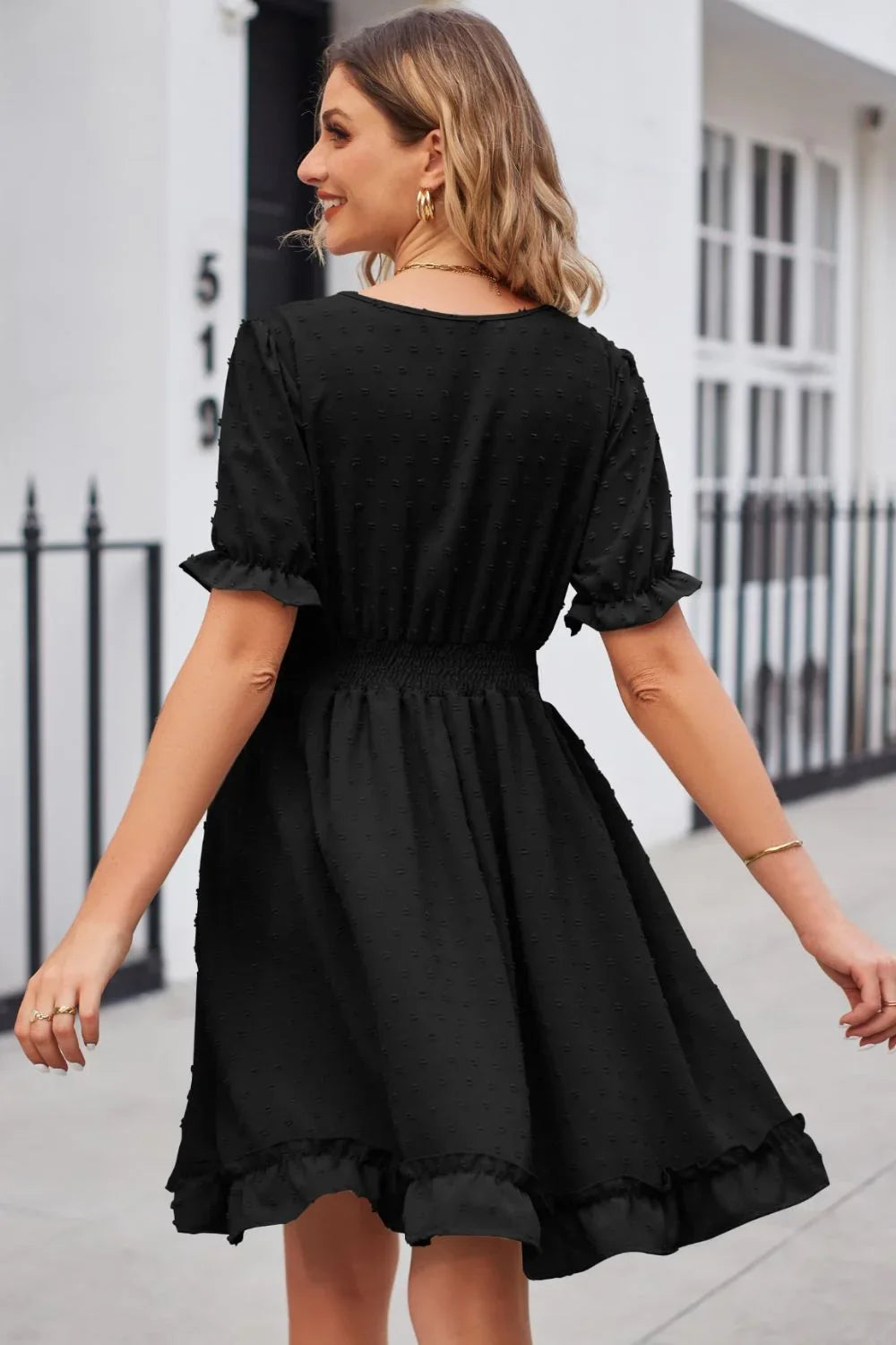Swiss Dot Frill Trim Flounce Sleeve V Neck Dress - Southern Shores Clothing