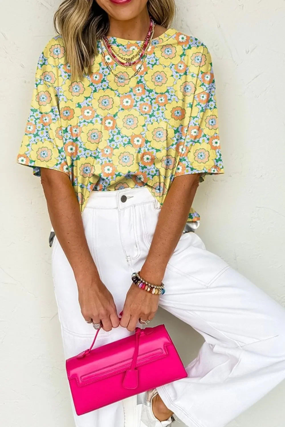 Floral Print Round Neck Oversized T Shirt - Southern Shores Clothing