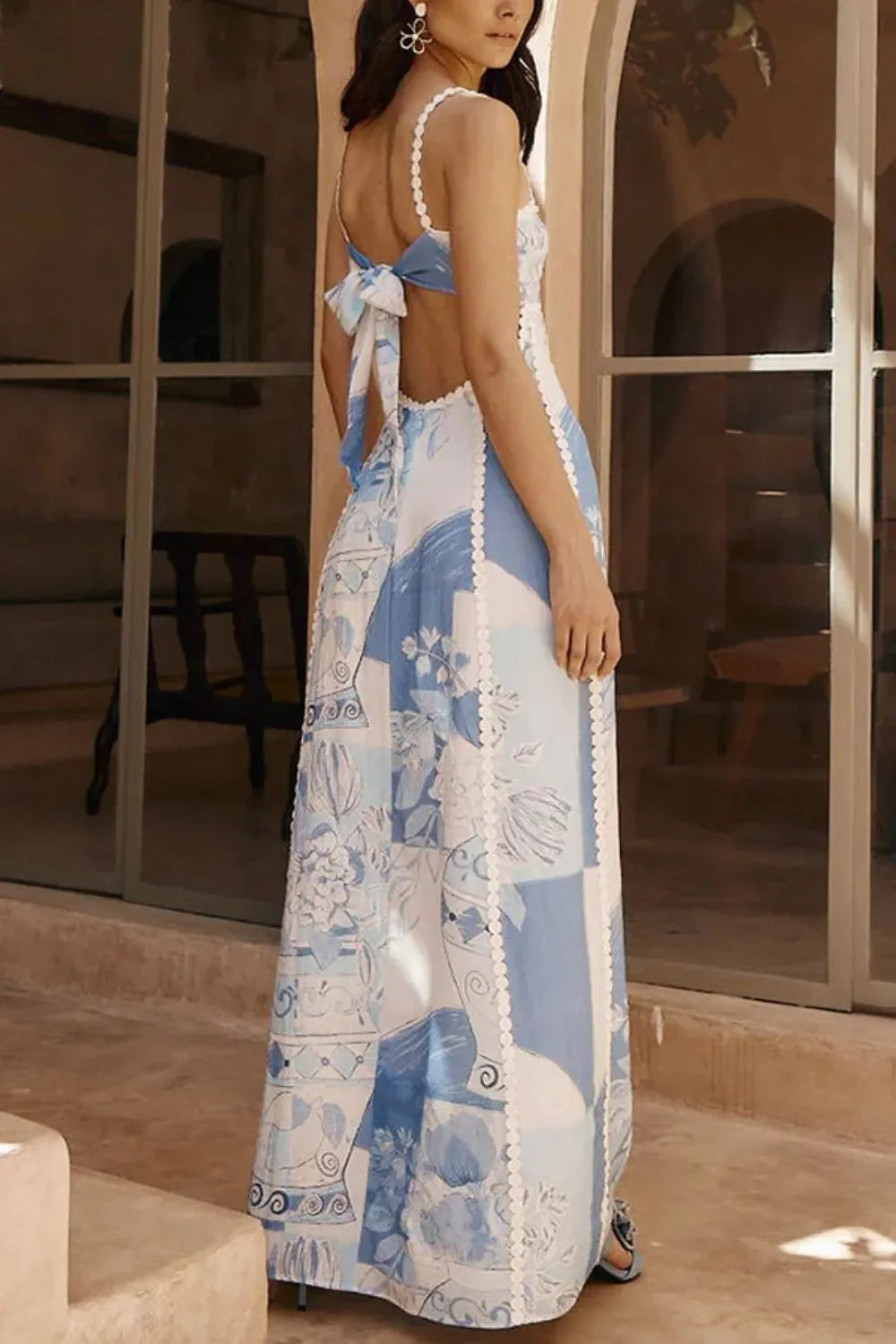 Boho Patchwork Printed Square Neck Maxi Dress With Cutout Back - Southern Shores Clothing