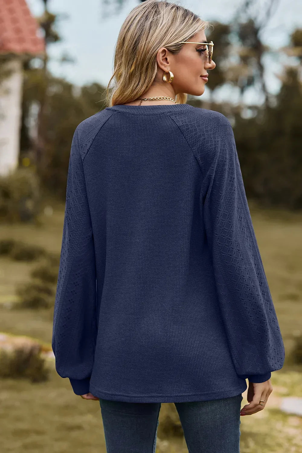 Eyelet Notched Raglan Sleeve T-Shirt - Southern Shores Clothing
