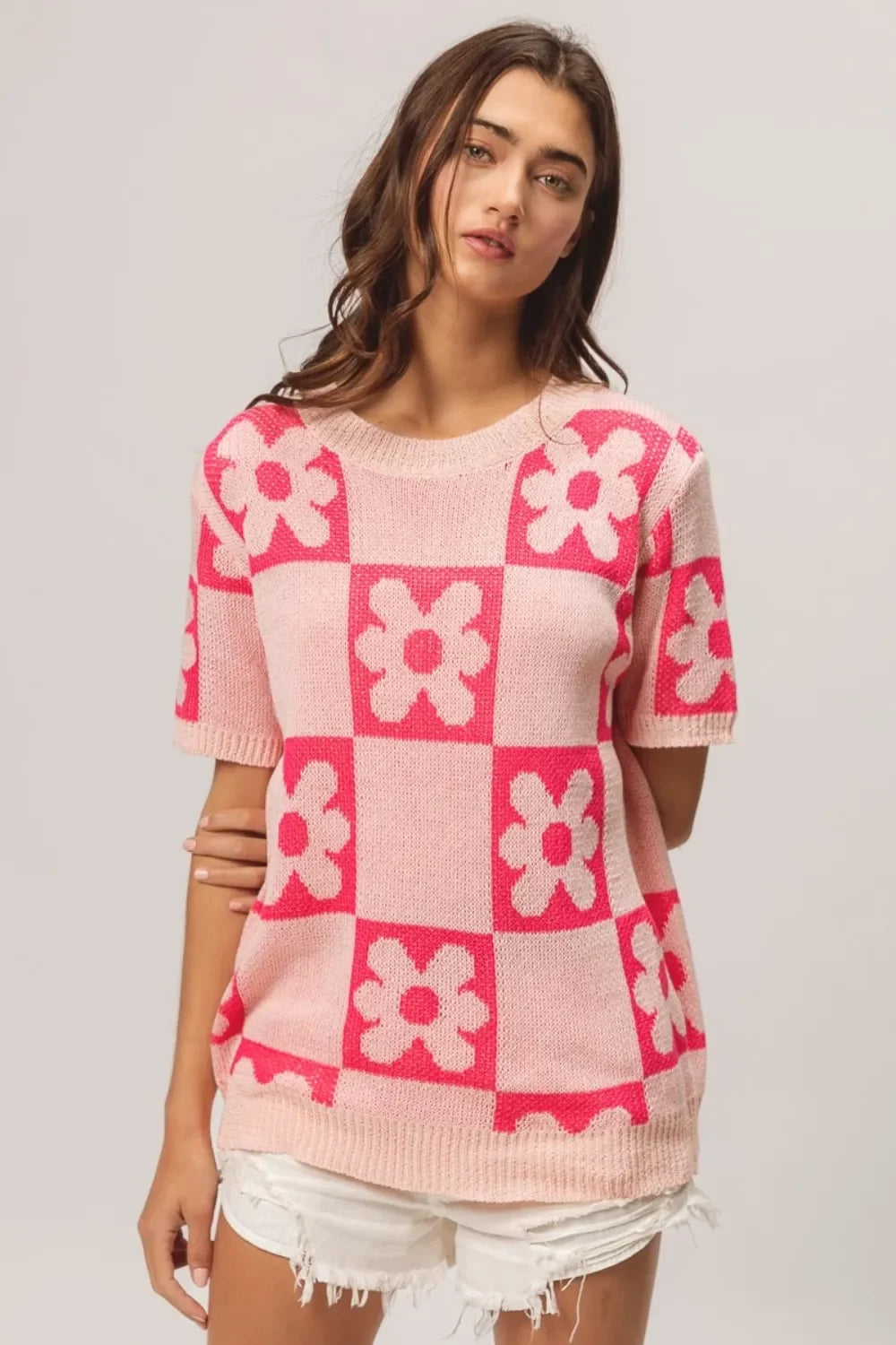 Floral Checker Pattern Short Sleeve Knit Sweater Relaxed Fit - Southern Shores Clothing