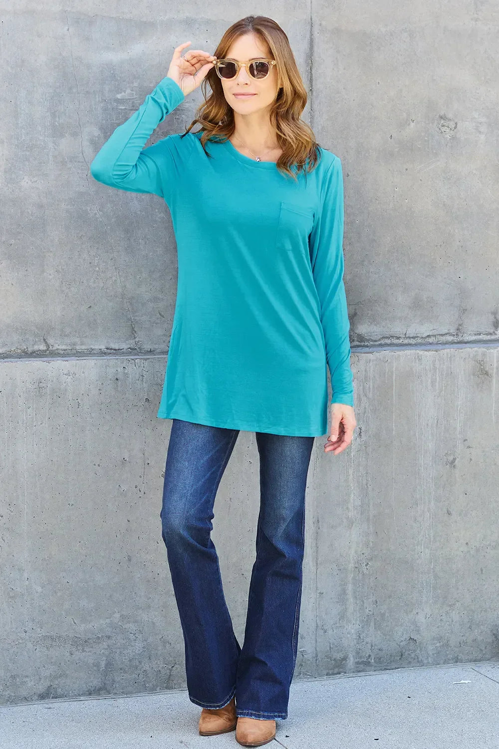 Round Neck Long Sleeve Top With Pockets Classic - Southern Shores Clothing