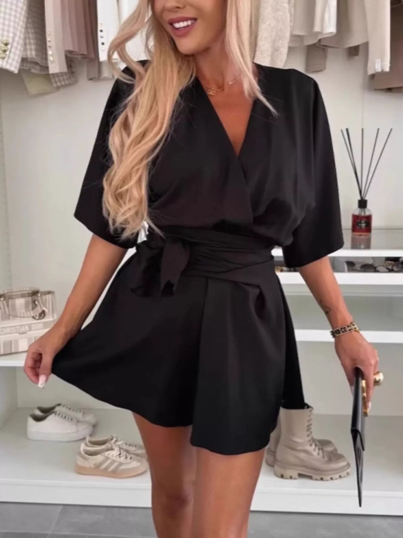 Belted Surplice Tie Waist Stretch Knit Romper - Southern Shores Clothing